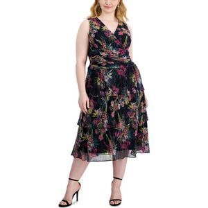 Sl Fashions Womens Floral-Print Crinkled Midi Dress, Multicoloured, NWT